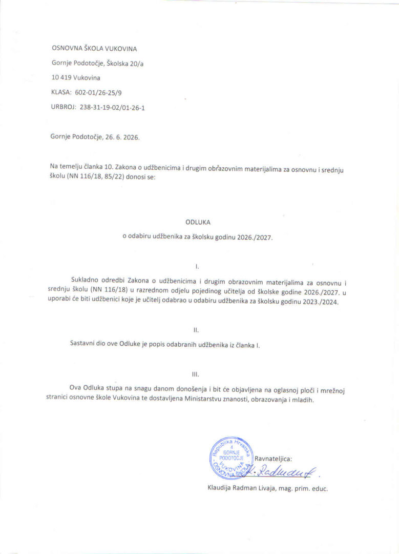 Odluka o odabiru udžbenika 2026.